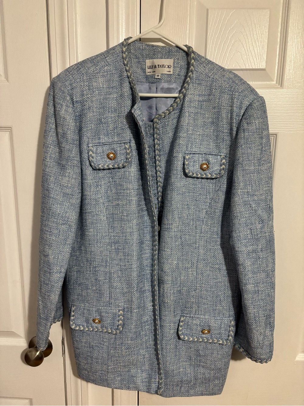 Light Blue Tweed Collarless Jacket